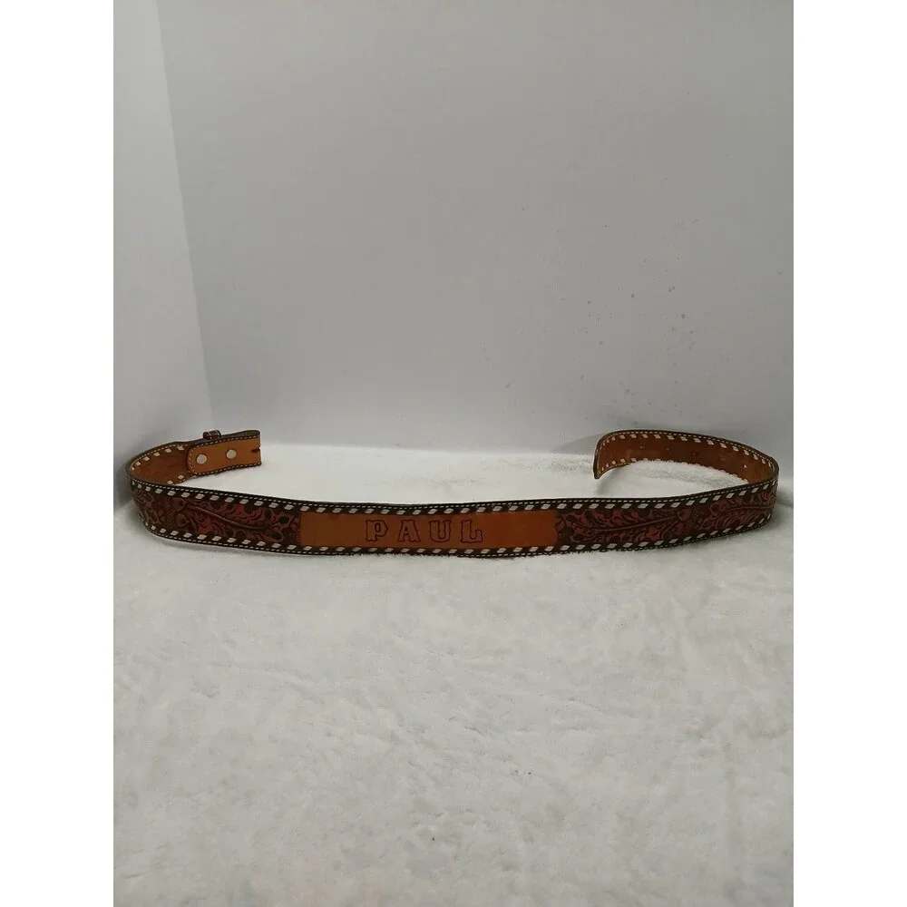 ​Hand-Tooled Leather Belt with Floral Design & White Stitching Custom 